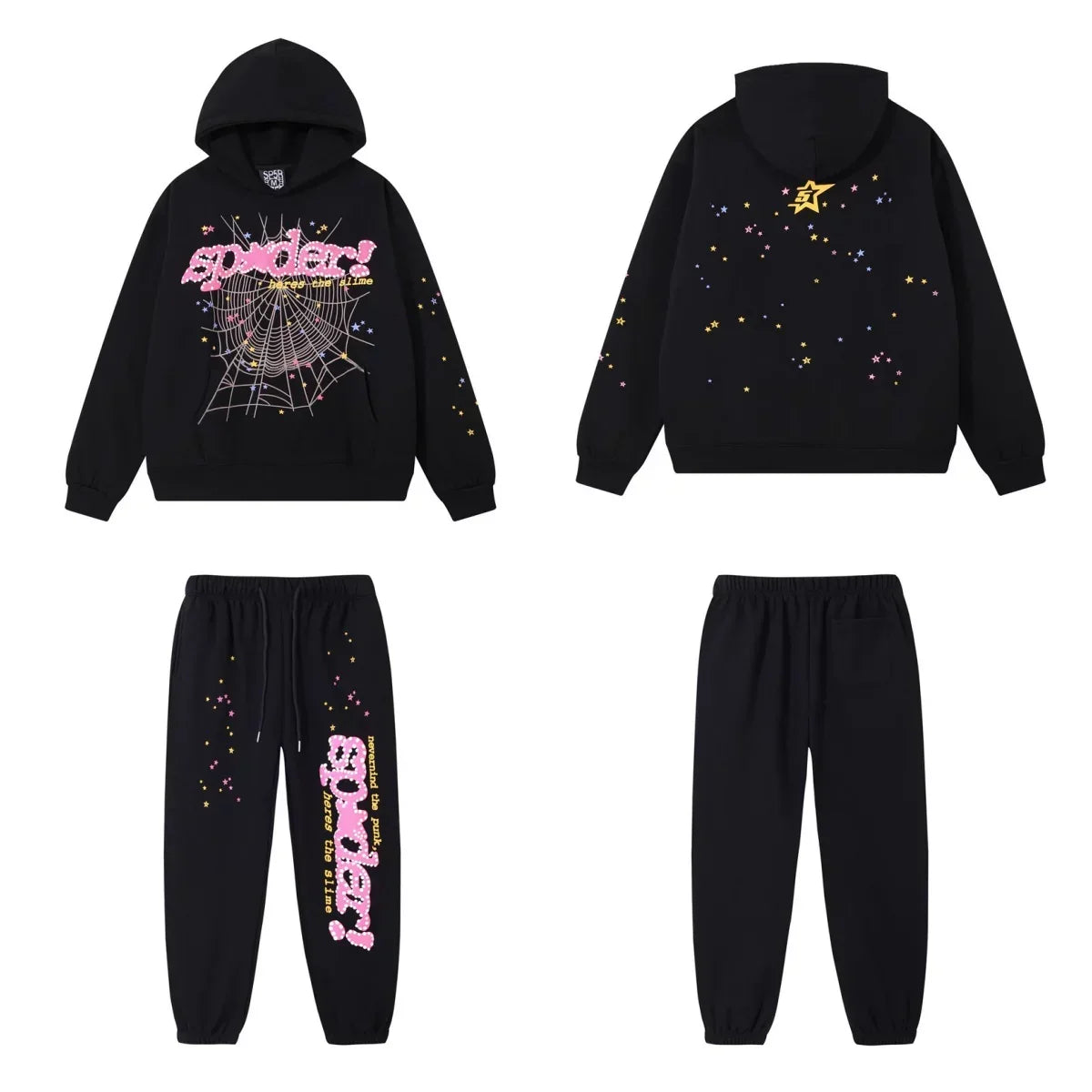 SP5DER Web Graphic Pullover Hoodie and Sweatpants Matching Set - Black / Pink